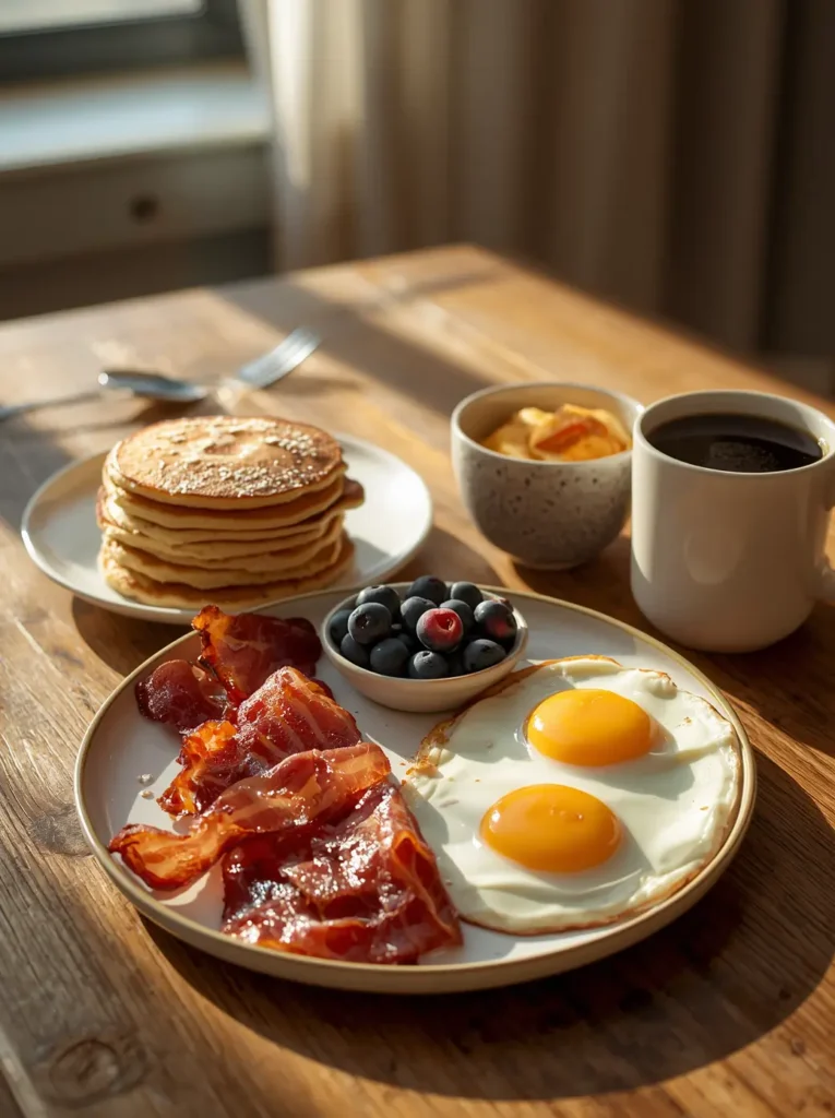 Keto Almond Flour Pancakes 5 A full keto breakfast plate featuring almond flour keto pancakes, crispy bacon, eggs, and fresh berries, a balanced low-carb morning meal