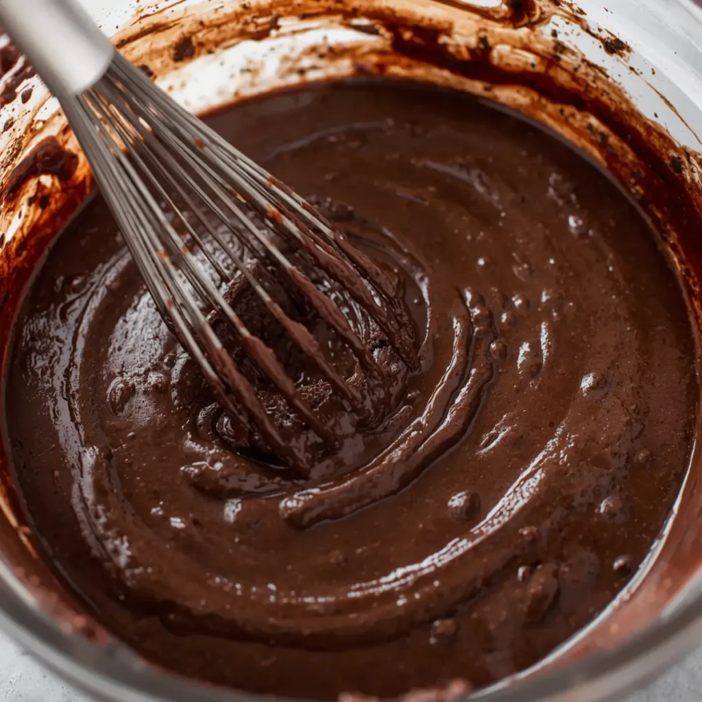 Keto brownie batter being mixed in a glass bowl before baking