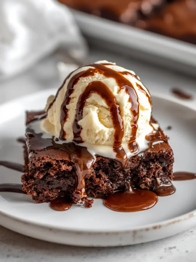 Fudgy keto brownies served warm with a scoop of keto ice cream on a white plate