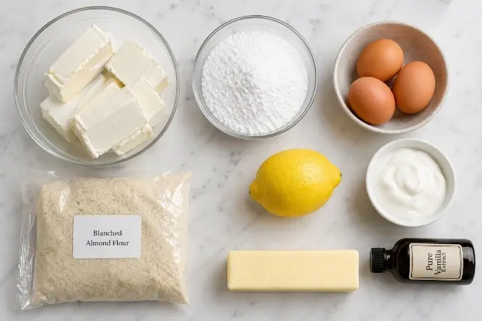 Flat lay of keto cheesecake ingredients including cream cheese, almond flour, erythritol, eggs, sour cream, and lemon on a marble surface
