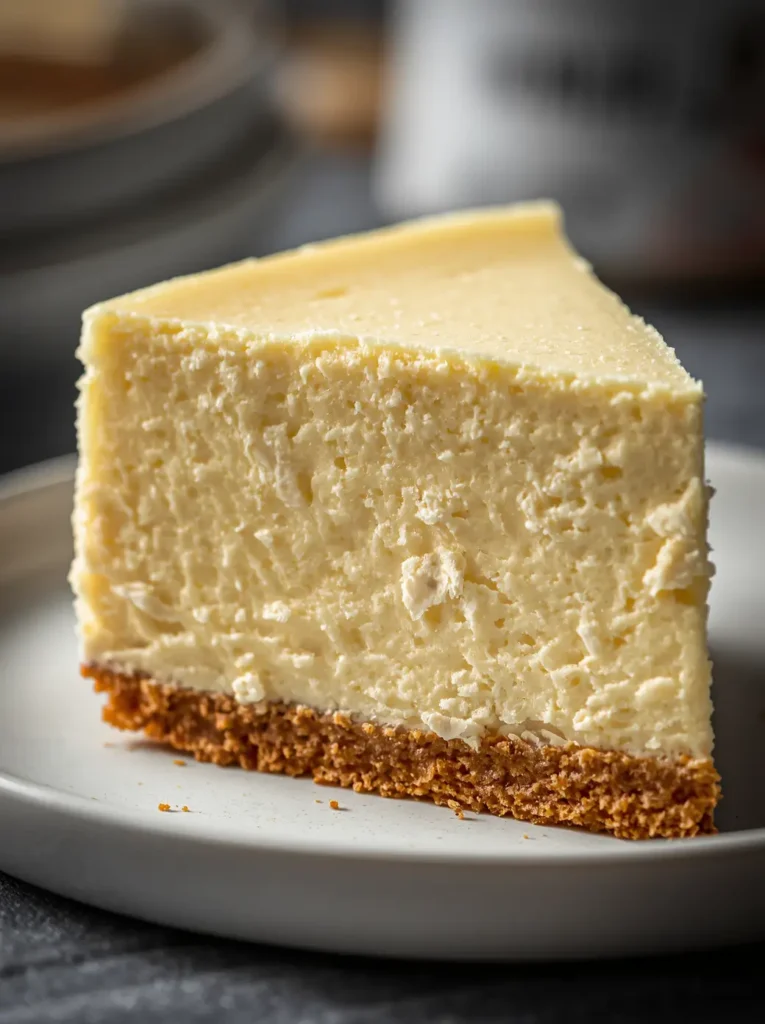 A fluffy keto cheesecake slice with a golden almond flour crust on a white plate, showing creamy sugar-free filling