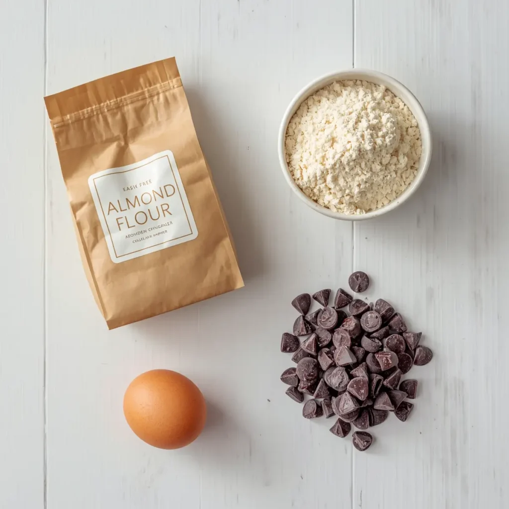Four ingredients for a keto chocolate chip cookie recipe — almond flour, powdered erythritol, one egg, and sugar-free dark chocolate chips