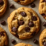 Freshly baked keto chocolate chip cookies on parchment paper with golden edges and melted sugar-free chocolate chips