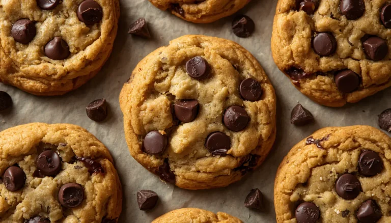 Freshly baked keto chocolate chip cookies on parchment paper with golden edges and melted sugar-free chocolate chips