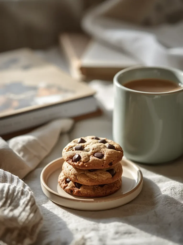 A stack of keto chocolate chip cookies on a ceramic plate served alongside a hot mug of bulletproof coffee