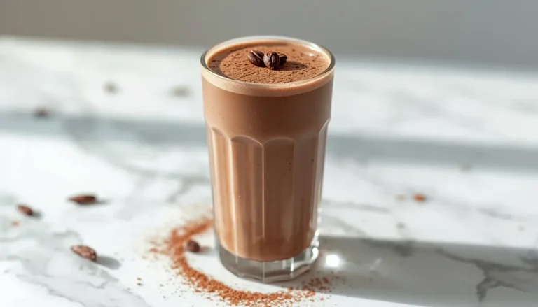 Creamy keto chocolate protein shake in a tall glass garnished with cocoa powder and cacao nibs