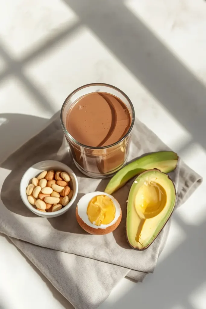 Keto chocolate protein shake served alongside macadamia nuts, a hard-boiled egg, and avocado slices for a complete keto meal