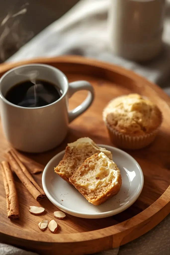 Keto Cinnamon Muffins 4 Keto cinnamon cream cheese muffins served with coffee for a low-carb breakfast