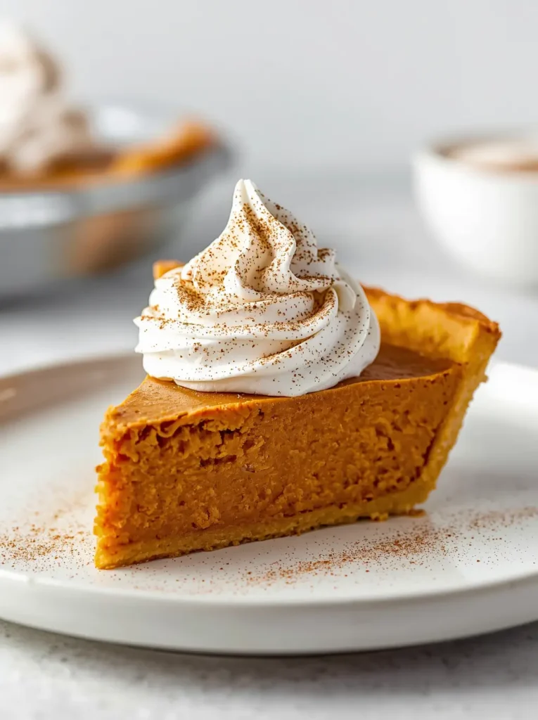 Keto Pumpkin Pie 3 A slice of keto crustless pumpkin pie topped with freshly whipped cream, sprinkled with cinnamon on a white plate
