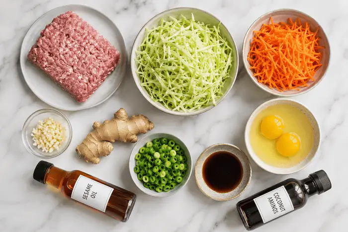 Ingredients for keto egg roll in a bowl including ground pork, shredded cabbage, garlic, ginger, and coconut aminos