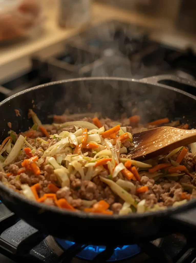 Ground pork and shredded cabbage being stir-fried in a cast iron skillet for a keto egg roll in a bowl