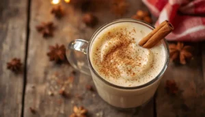 A glass mug of homemade keto eggnog topped with grated nutmeg and a cinnamon stick on a rustic wooden table.