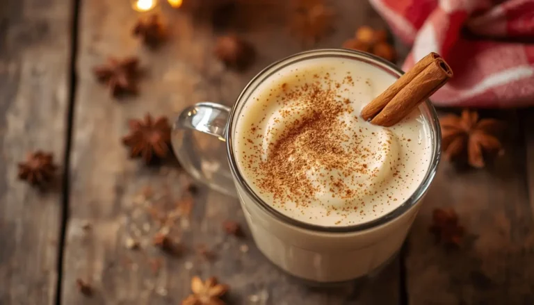 A glass mug of homemade keto eggnog topped with grated nutmeg and a cinnamon stick on a rustic wooden table.