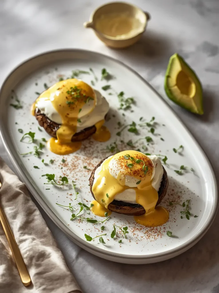 keto eggs benedict 5 Elegant keto eggs benedict brunch plating with microgreens and paprika garnish