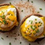 Keto eggs benedict served on portobello mushroom caps topped with hollandaise sauce