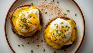keto eggs benedict Keto eggs benedict served on portobello mushroom caps topped with hollandaise sauce