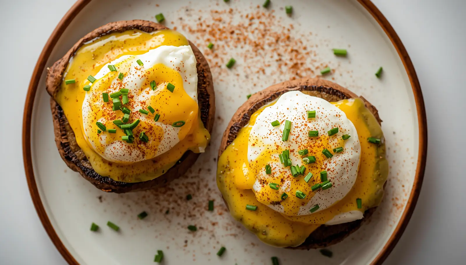 keto eggs benedict 1 Keto eggs benedict served on portobello mushroom caps topped with hollandaise sauce