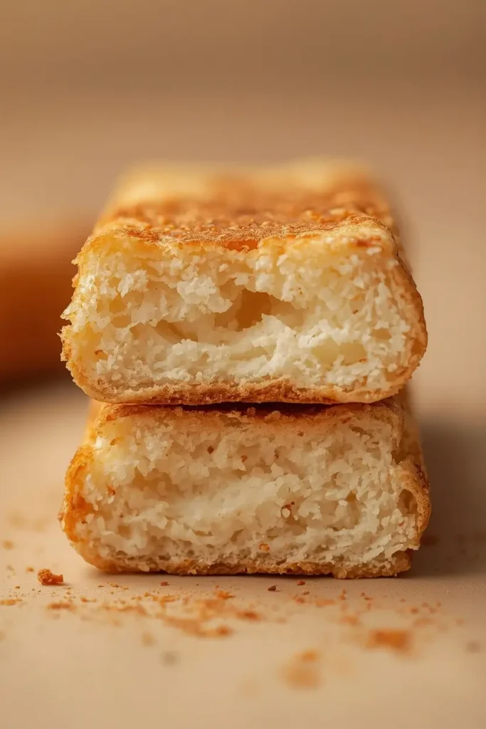 keto french toast sticks in 15 Minutes for easy Breakfast 5 Close-up of a keto flourless french toast stick broken in half showing a soft fluffy interior and crispy golden crust with a dusting of cinnamon