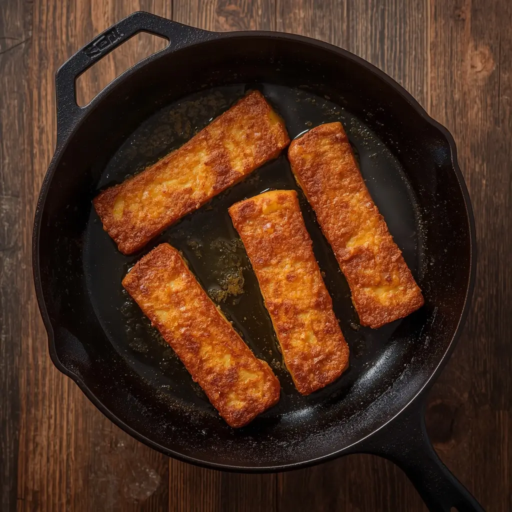 keto french toast sticks in 15 Minutes for easy Breakfast 3 Keto french toast sticks sizzling in a buttered cast iron skillet with a golden crust forming on the edges