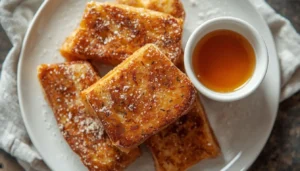 keto french toast sticks in 15 Minutes for easy Breakfast Keto french toast sticks on a white plate dusted with powdered erythritol and served with sugar-free maple syrup