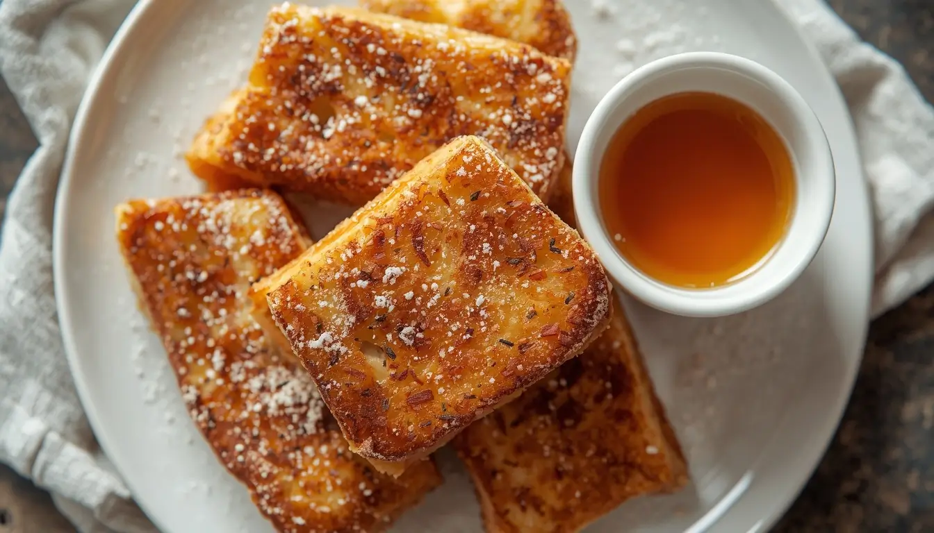 keto french toast sticks in 15 Minutes for easy Breakfast 1 Keto french toast sticks on a white plate dusted with powdered erythritol and served with sugar-free maple syrup