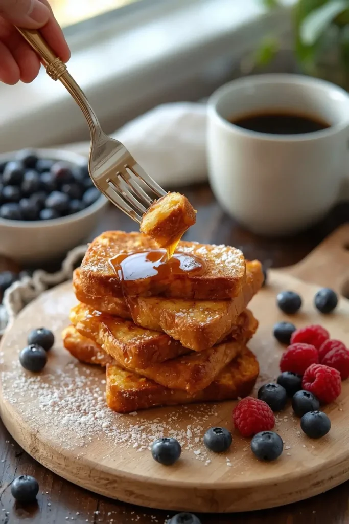 keto french toast sticks in 15 Minutes for easy Breakfast 4 Keto french toast sticks served on a wooden board with fresh blueberries, raspberries, and a side of sugar-free maple syrup