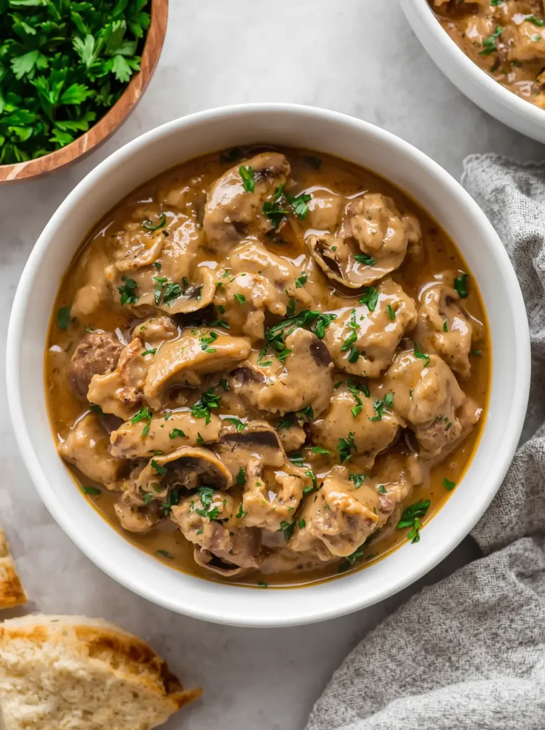 Creamy Keto Beef Stroganoff in a bowl