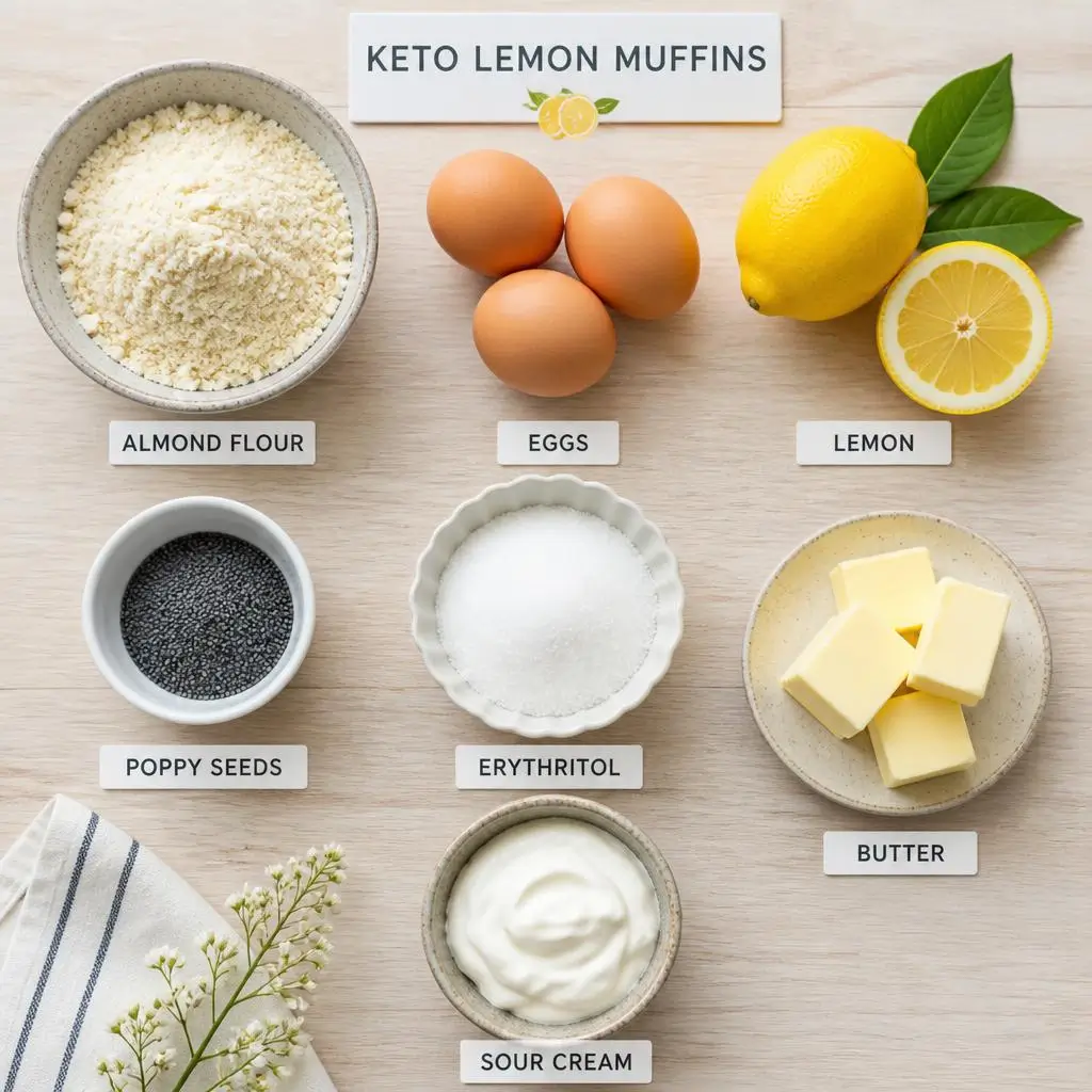Flat lay of keto lemon muffins ingredients including almond flour, eggs, lemon, poppy seeds, and erythritol on a wooden board