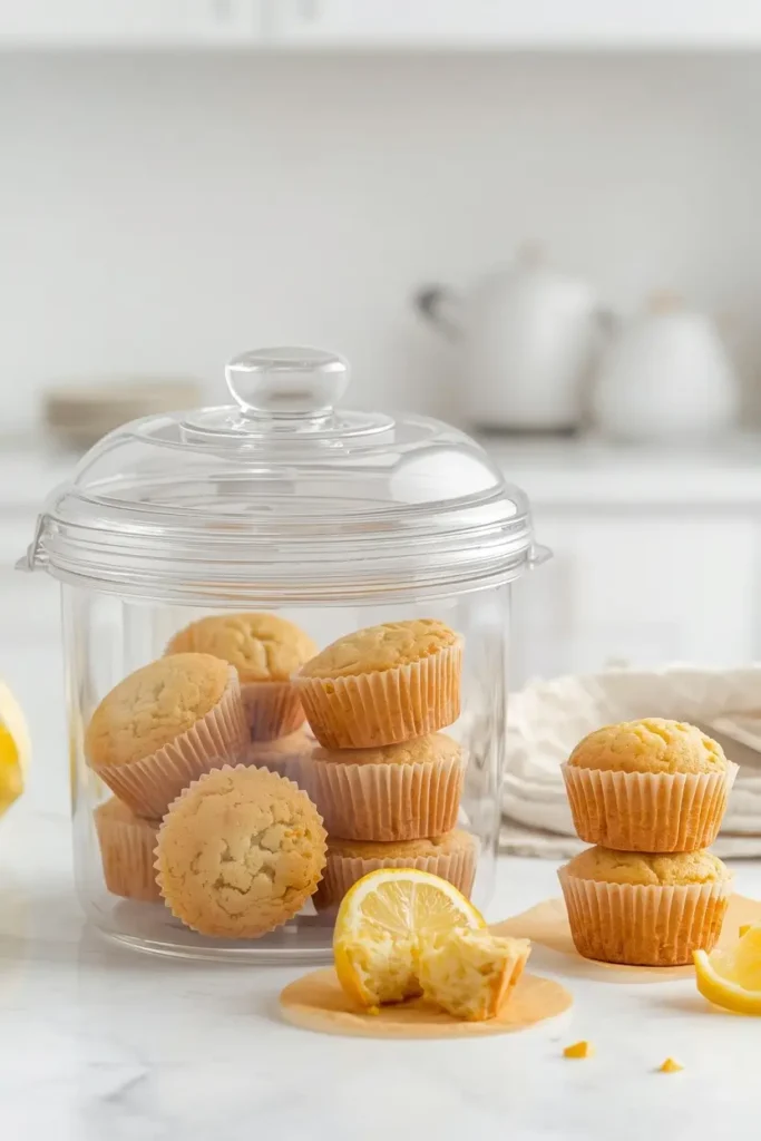 Keto lemon muffins stored in a glass airtight container on a kitchen counter for meal prep