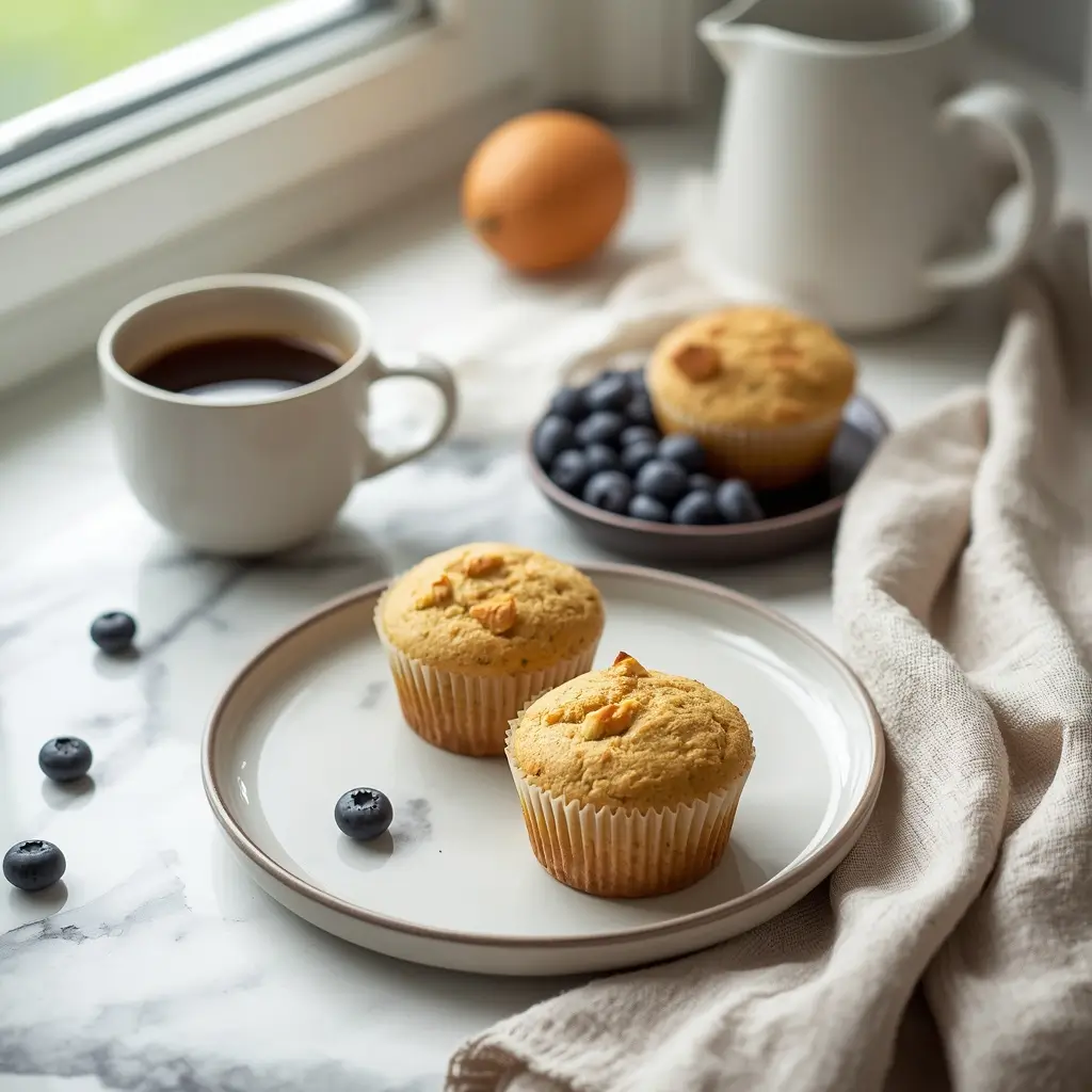 Two keto lemon poppy seed muffins on a plate with black coffee and fresh blueberries for a low-carb breakfast
