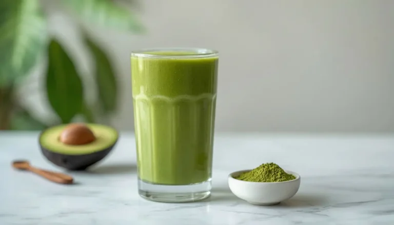 Keto matcha smoothie in a tall glass with avocado and matcha powder on a marble countertop