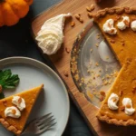 A perfectly baked keto pumpkin pie with almond flour crust, sliced and served on a rustic wooden board