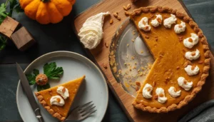 A perfectly baked keto pumpkin pie with almond flour crust, sliced and served on a rustic wooden board