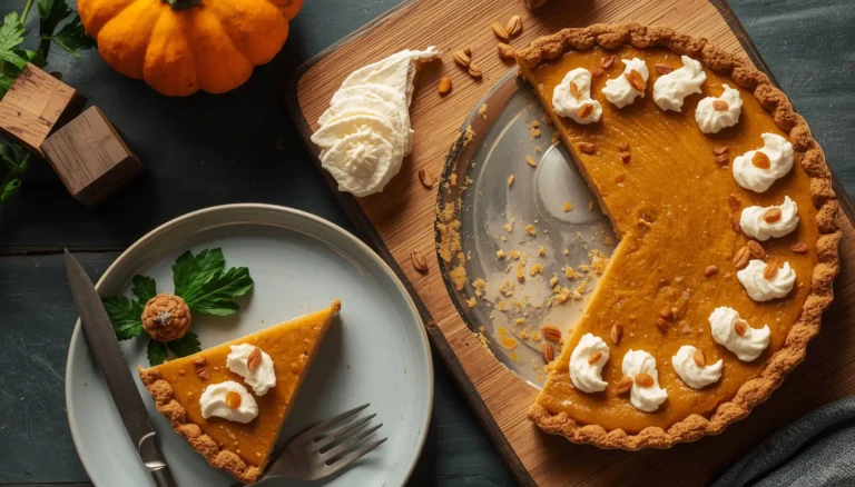 A perfectly baked keto pumpkin pie with almond flour crust, sliced and served on a rustic wooden board