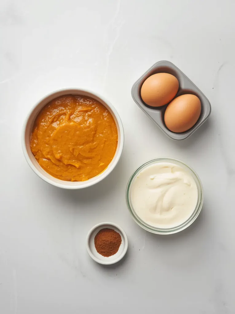 Keto Pumpkin Pie 2 Flat lay of keto pumpkin pie recipe ingredients including pumpkin puree, eggs, heavy cream, and pumpkin spice