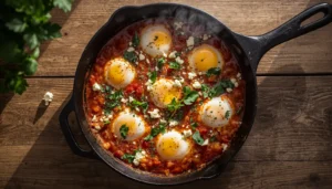 Keto Shakshuka The finished keto shakshuka in a cast iron skillet.