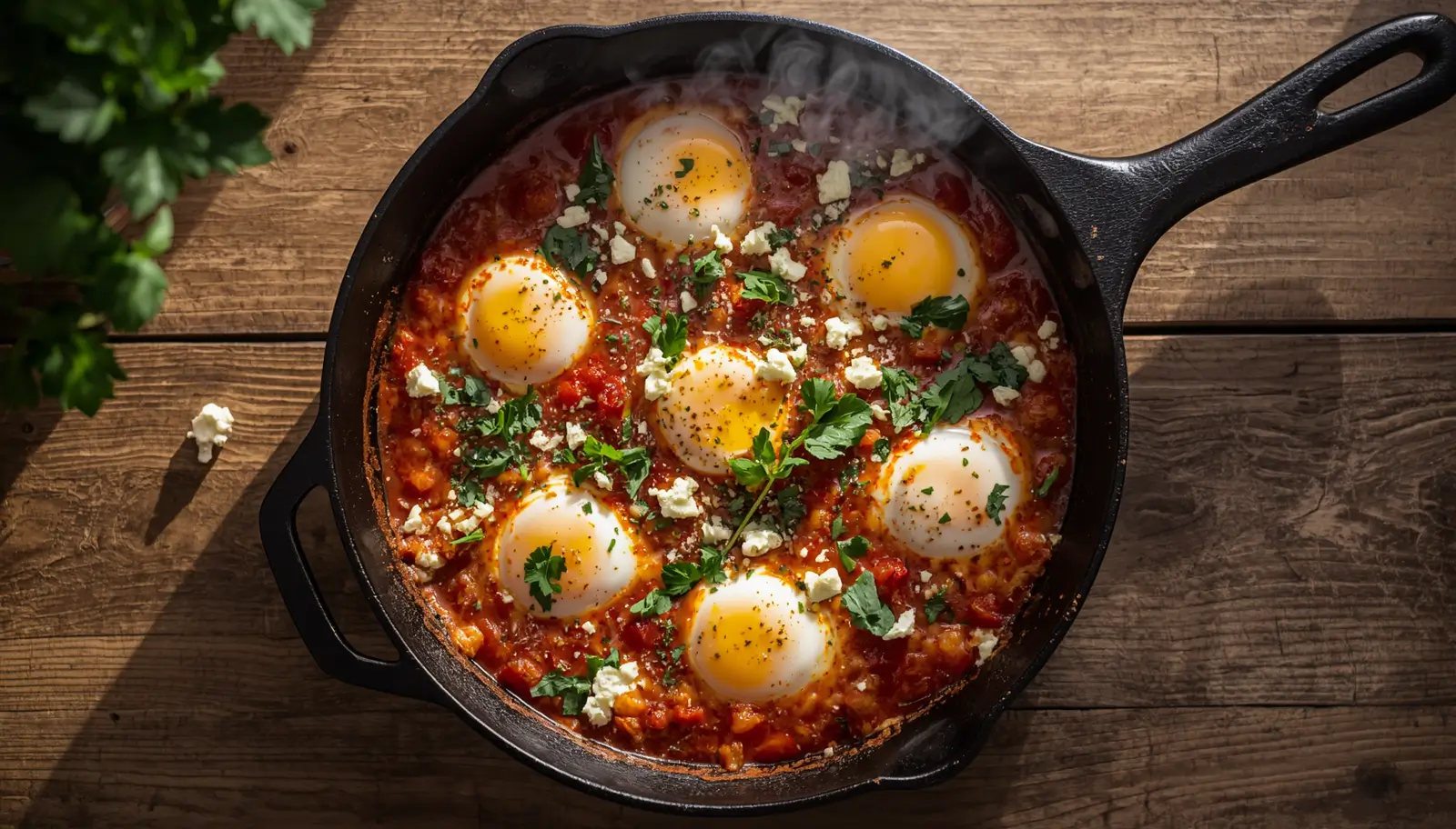 Keto Shakshuka 1 The finished keto shakshuka in a cast iron skillet.