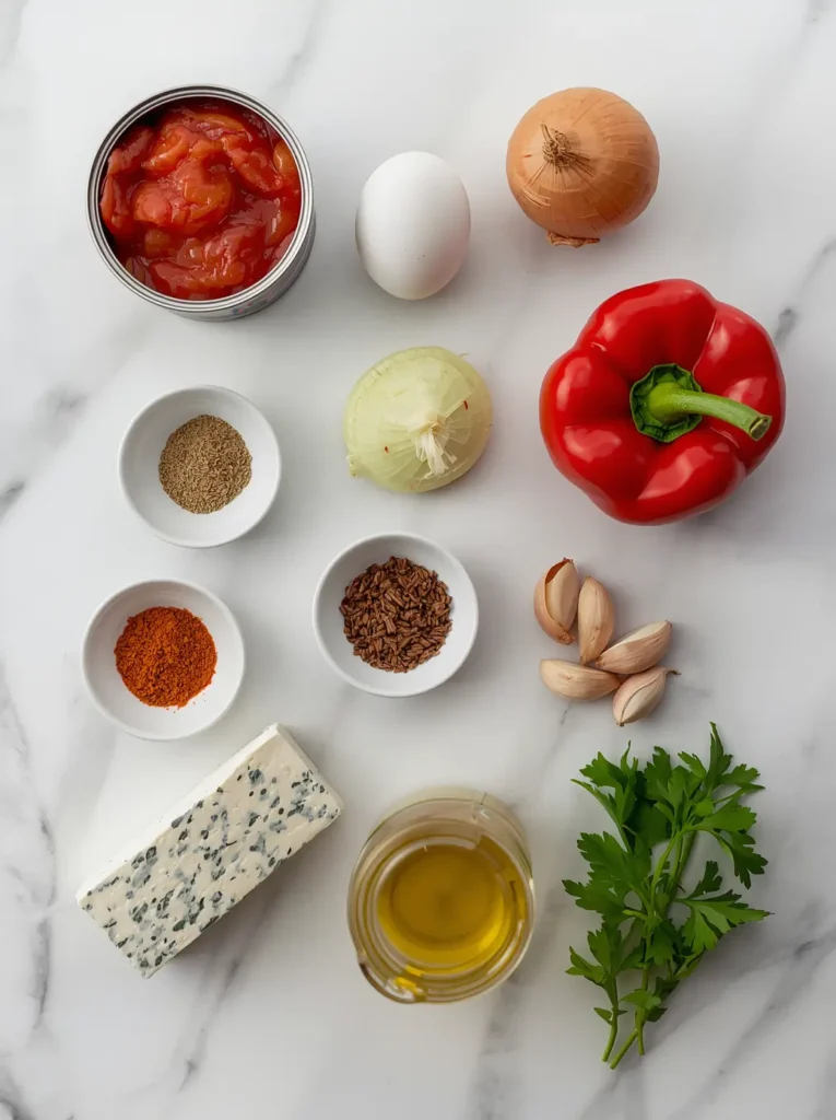 Keto Shakshuka 2 Fresh keto shakshuka ingredients on a white marble surface