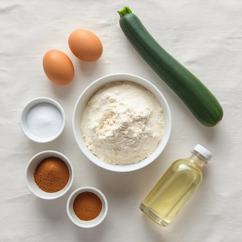 Keto Zucchini Muffins 2 Flat-lay of keto zucchini muffin ingredients including almond flour, eggs, fresh zucchini, cinnamon, and coconut oil.