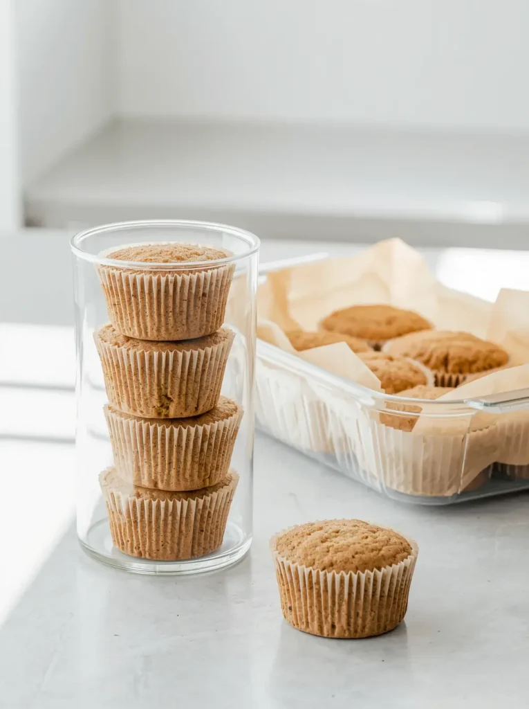 Keto Zucchini Muffins 5 Keto zucchini muffins packed in clear glass meal prep containers on a kitchen counter for weekly storage.