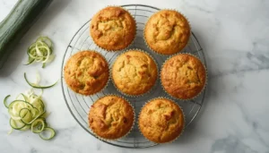 Keto Zucchini Muffins Six golden keto zucchini muffins cooling on a wire rack on a white marble surface.