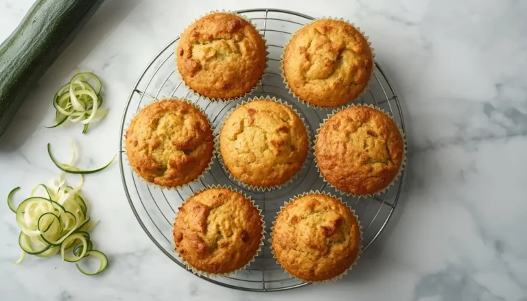 Six golden keto zucchini muffins cooling on a wire rack on a white marble surface.