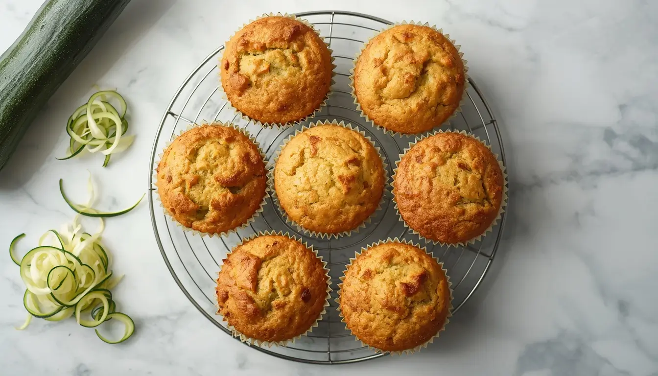 Keto Zucchini Muffins 1 Six golden keto zucchini muffins cooling on a wire rack on a white marble surface.
