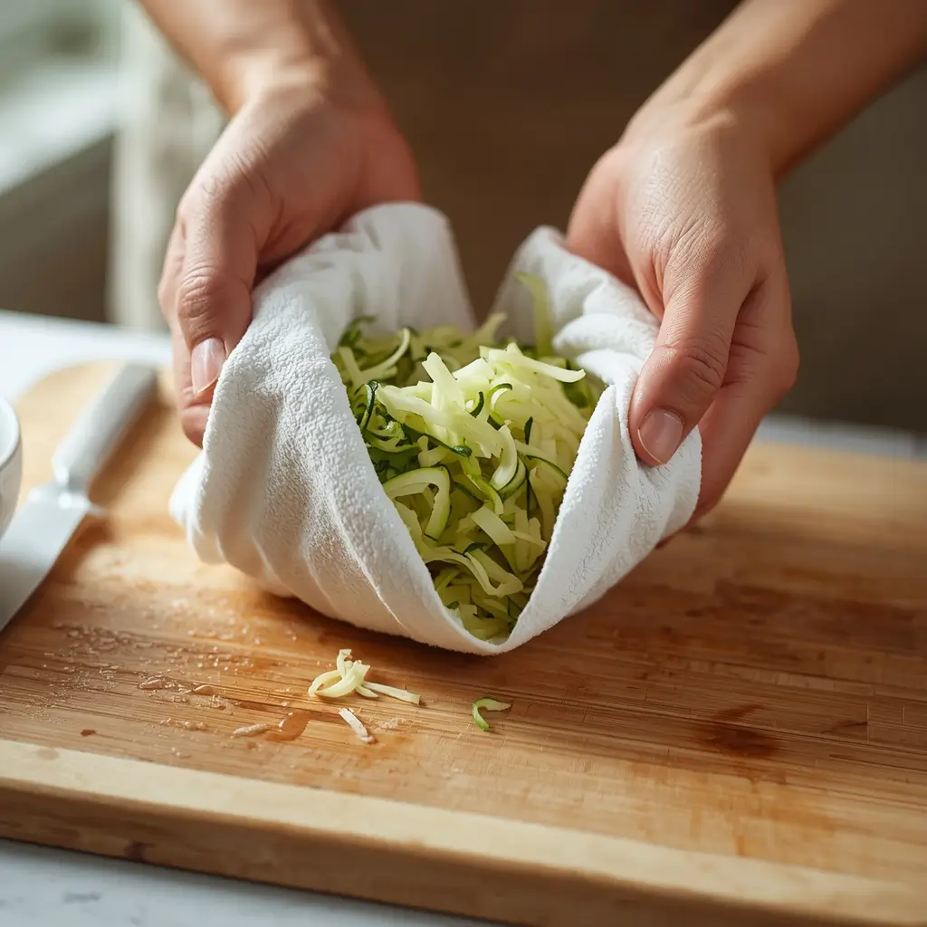 Keto Zucchini Muffins 3 Hands squeezing shredded zucchini in a white kitchen towel to remove moisture before baking keto muffins.