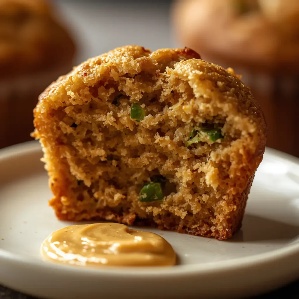Keto Zucchini Muffins 4 A keto zucchini muffin sliced in half showing a moist fluffy interior with green zucchini pieces, served on a white ceramic plate.