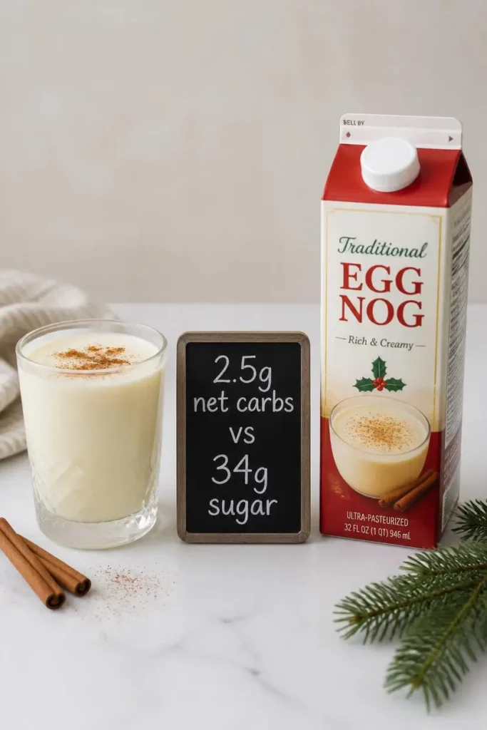 A glass of homemade low carb eggnog placed next to a traditional eggnog carton with a sign showing 2.5g net carbs versus 34g sugar comparison.