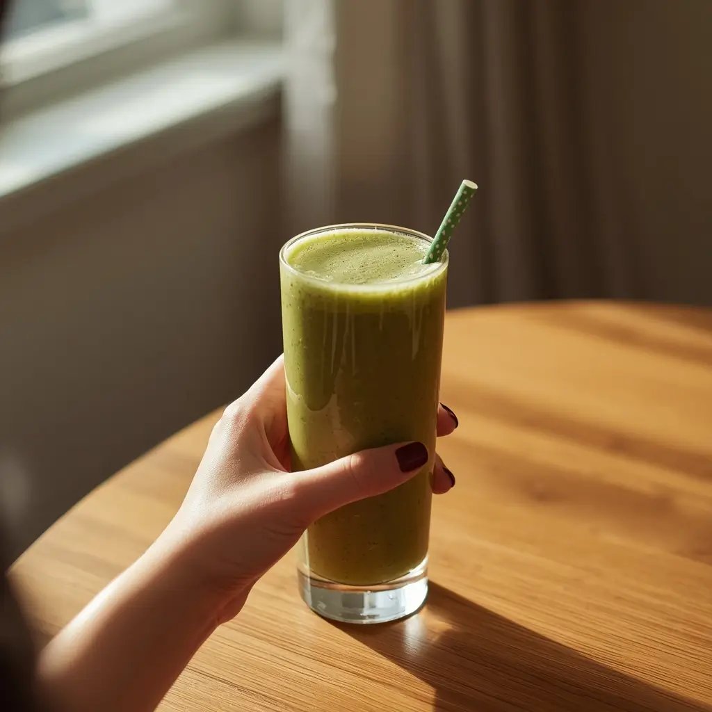 Woman holding a glass of keto matcha smoothie in a sunny morning kitchen setting, healthy low carb lifestyle