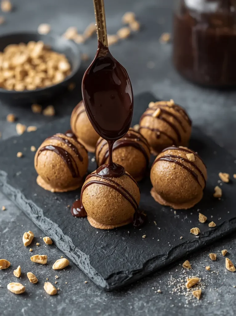 Peanut butter fat bombs with dark chocolate drizzle, keto dessert serving idea