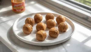 Peanut Butter Fat Bombs Homemade peanut butter fat bombs on a white plate, easy keto snack