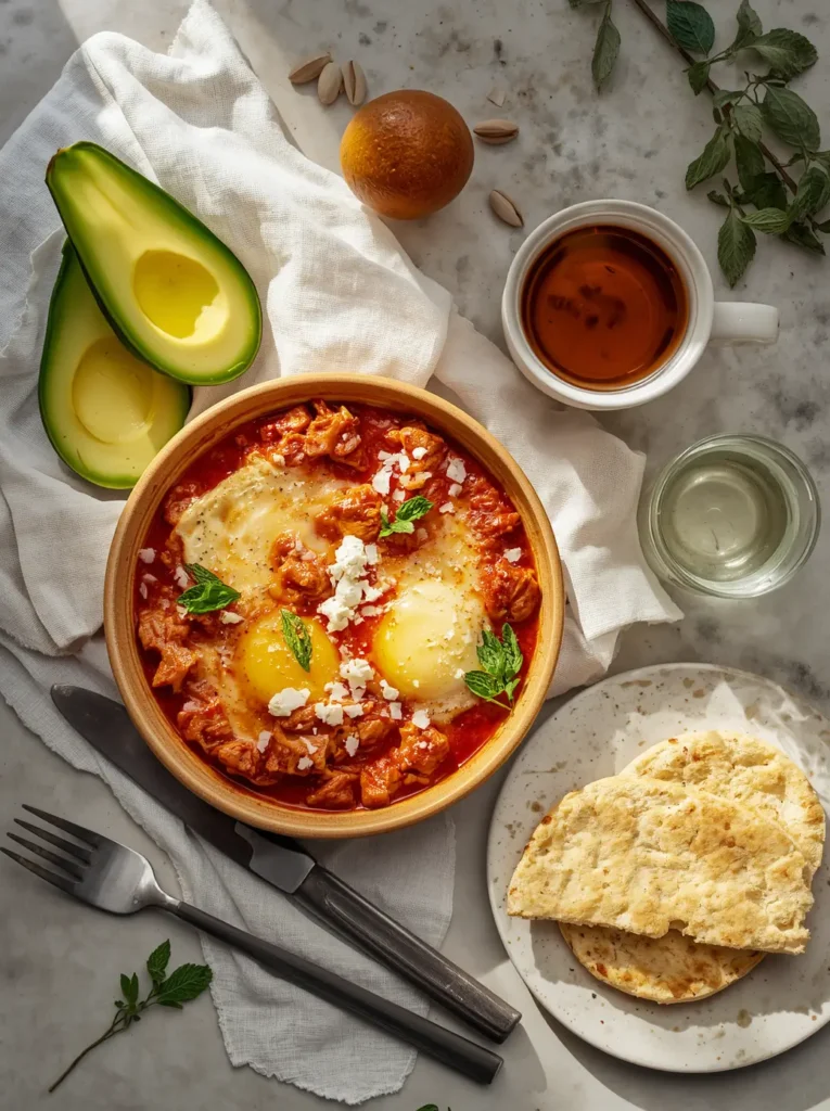 Keto Shakshuka 4 Plated keto shakshuka with low-carb bread and avocado